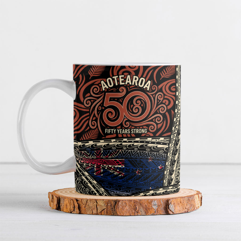 Personalised New Zealand 50th Birthday Ceramic Mug Aotearoa Tribal Pattern Silver Fern Flag