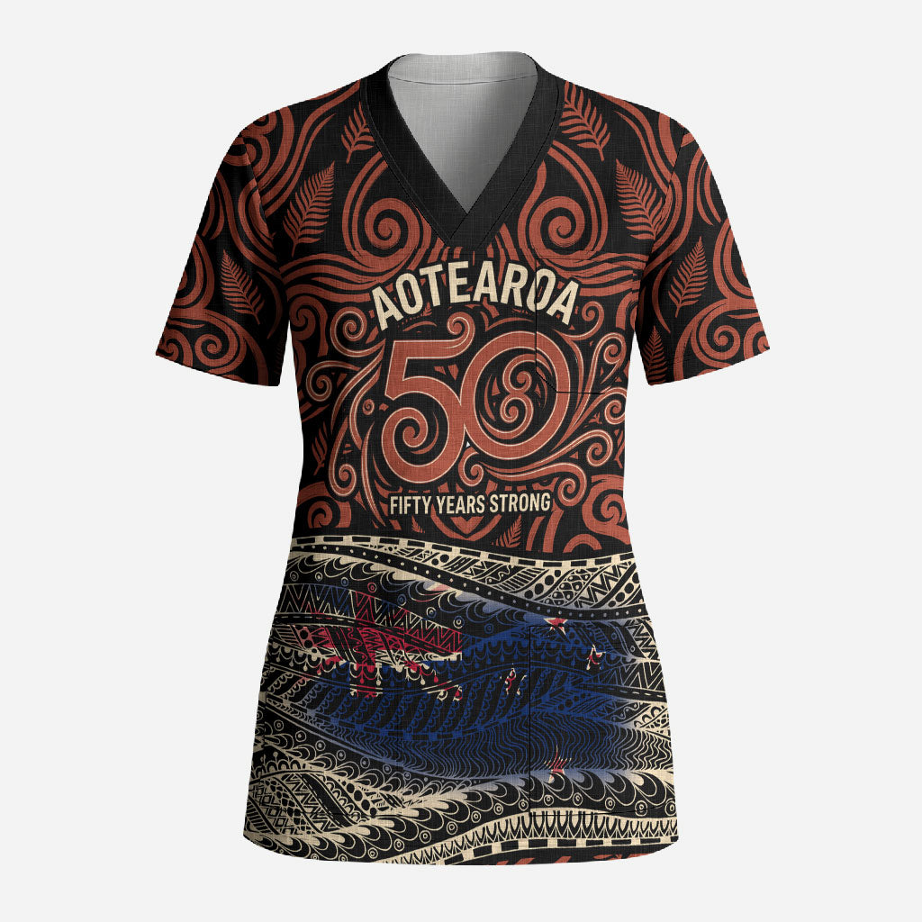 Personalised New Zealand 50th Birthday Scrub Top Aotearoa Tribal Pattern Silver Fern Flag TS04 Adult Red Black - Polynesian Pride