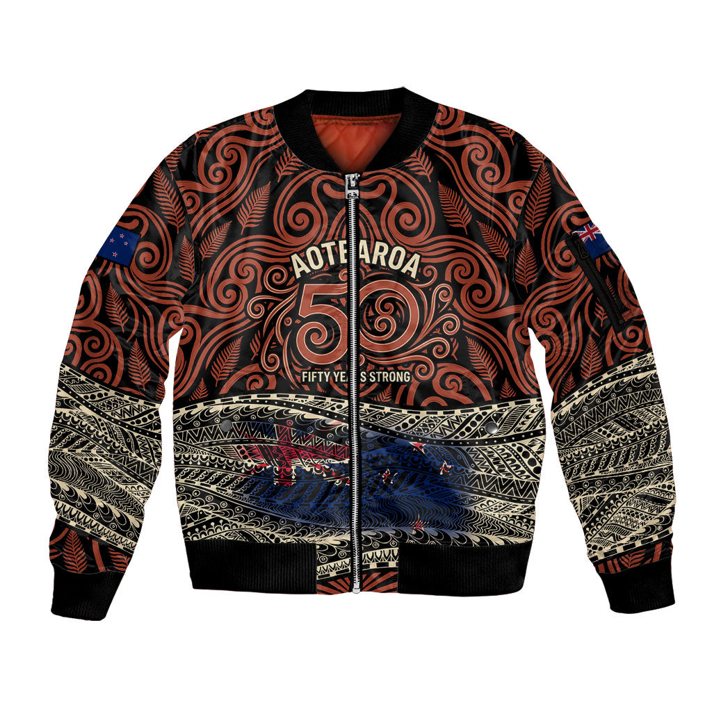 Personalised New Zealand 50th Birthday Sleeve Zip Bomber Jacket Aotearoa Tribal Pattern Silver Fern Flag TS04 Unisex Red Black - Polynesian Pride