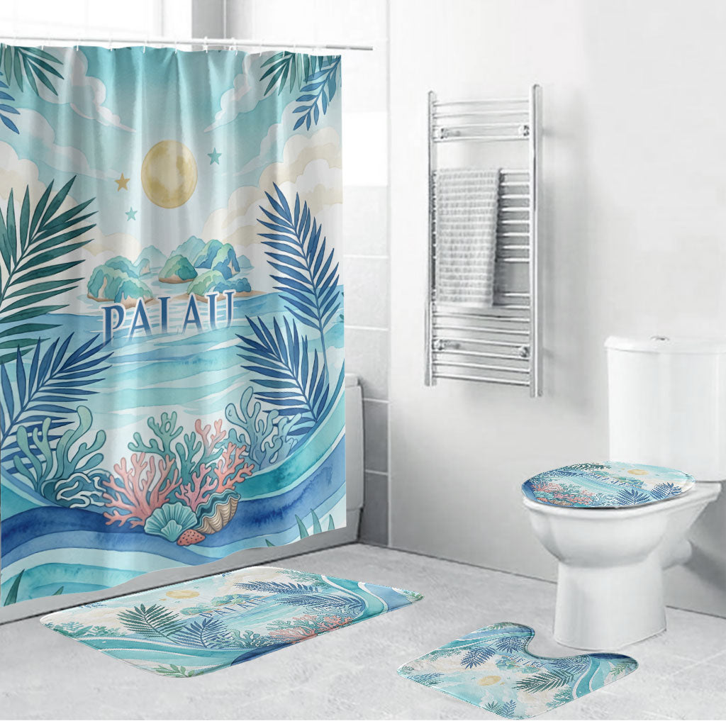 Palau Islands Of Wonder Natural Nature Bathroom Set Watercolor Tropical Beach Waterfall Coral Reef Palm Leaves
