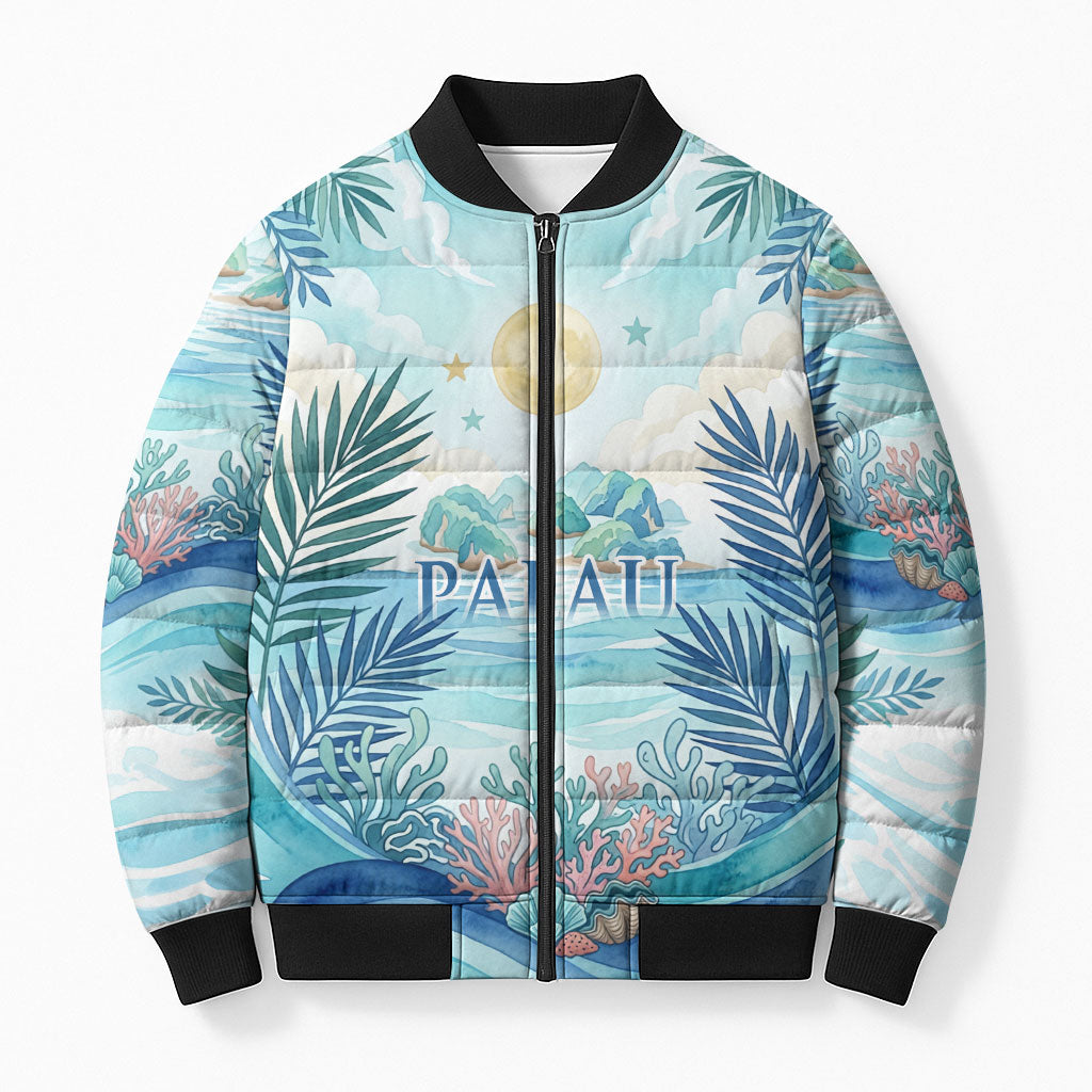 Palau Islands Of Wonder Natural Nature Bomber Puffer Jacket Watercolor Tropical Beach Waterfall Coral Reef Palm Leaves