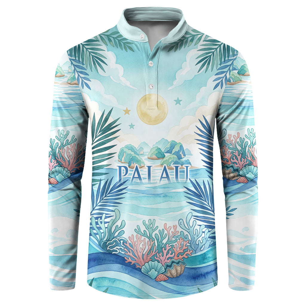 Palau Islands Of Wonder Natural Nature Button Sweatshirt Watercolor Tropical Beach Waterfall Coral Reef Palm Leaves
