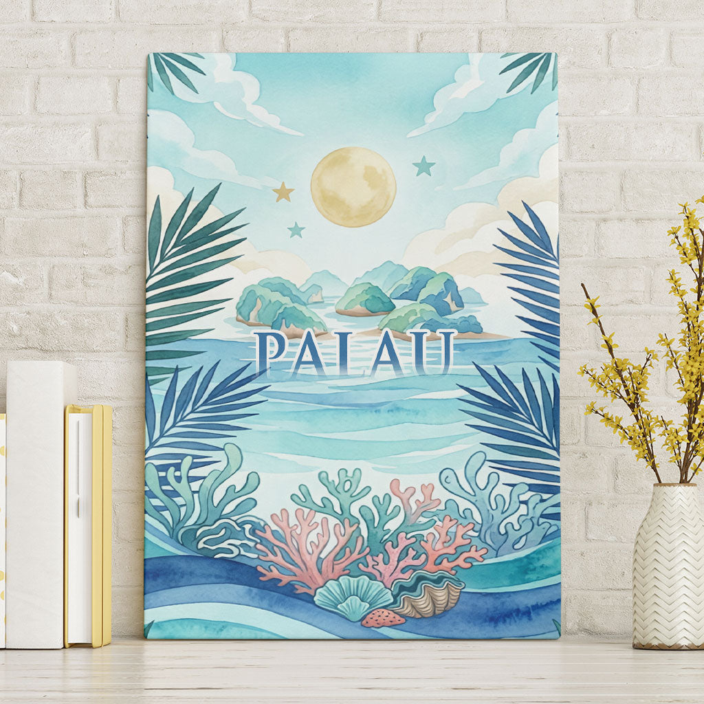 Palau Islands Of Wonder Natural Nature Canvas Wall Art Watercolor Tropical Beach Waterfall Coral Reef Palm Leaves