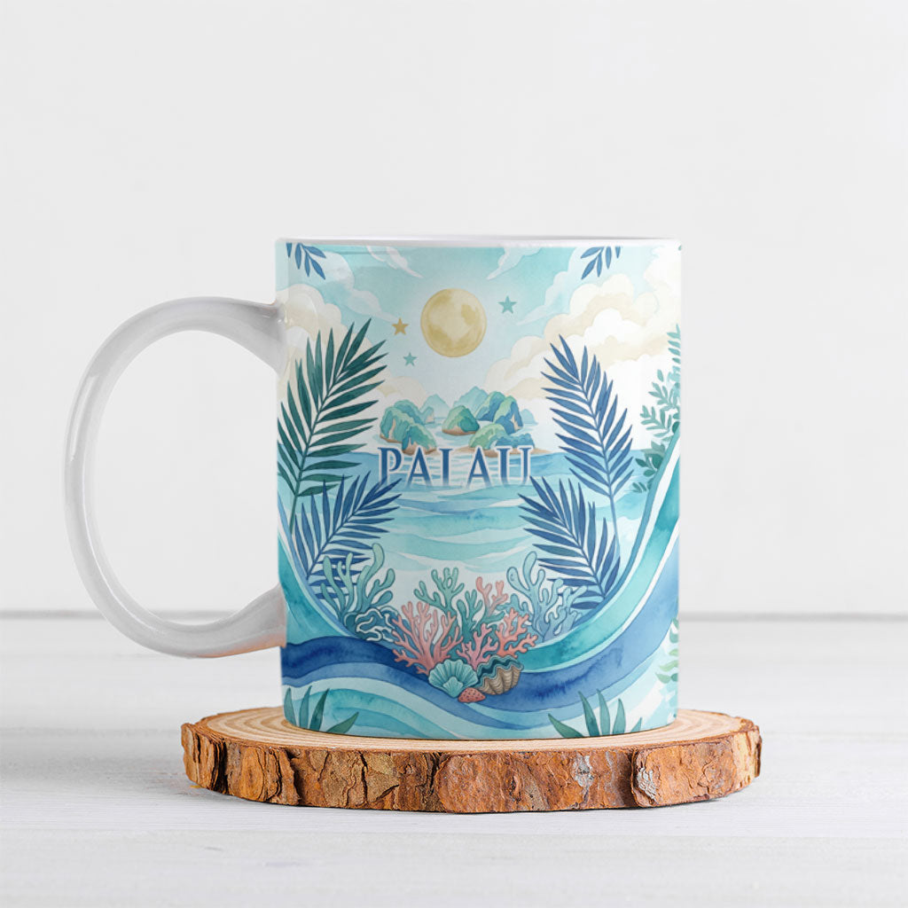 Palau Islands Of Wonder Natural Nature Ceramic Mug Watercolor Tropical Beach Waterfall Coral Reef Palm Leaves