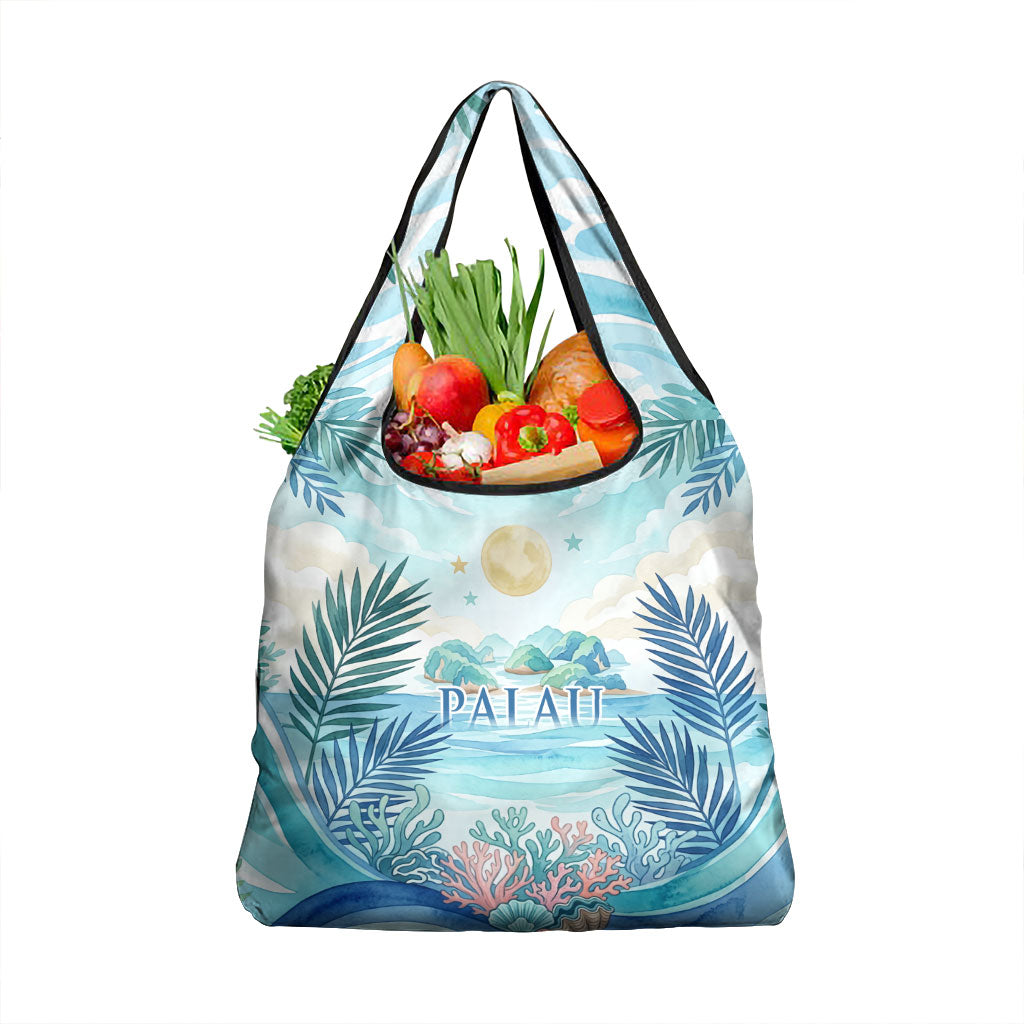 Palau Islands Of Wonder Natural Nature Grocery Bag Watercolor Tropical Beach Waterfall Coral Reef Palm Leaves TS04 1-pack One Size Blue Green - Polynesian Pride