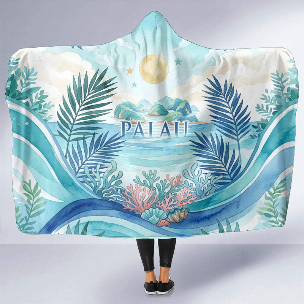 Palau Islands Of Wonder Natural Nature Hooded Blanket Watercolor Tropical Beach Waterfall Coral Reef Palm Leaves