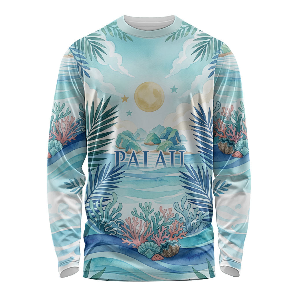 Palau Islands Of Wonder Natural Nature Long Sleeve Shirt Watercolor Tropical Beach Waterfall Coral Reef Palm Leaves