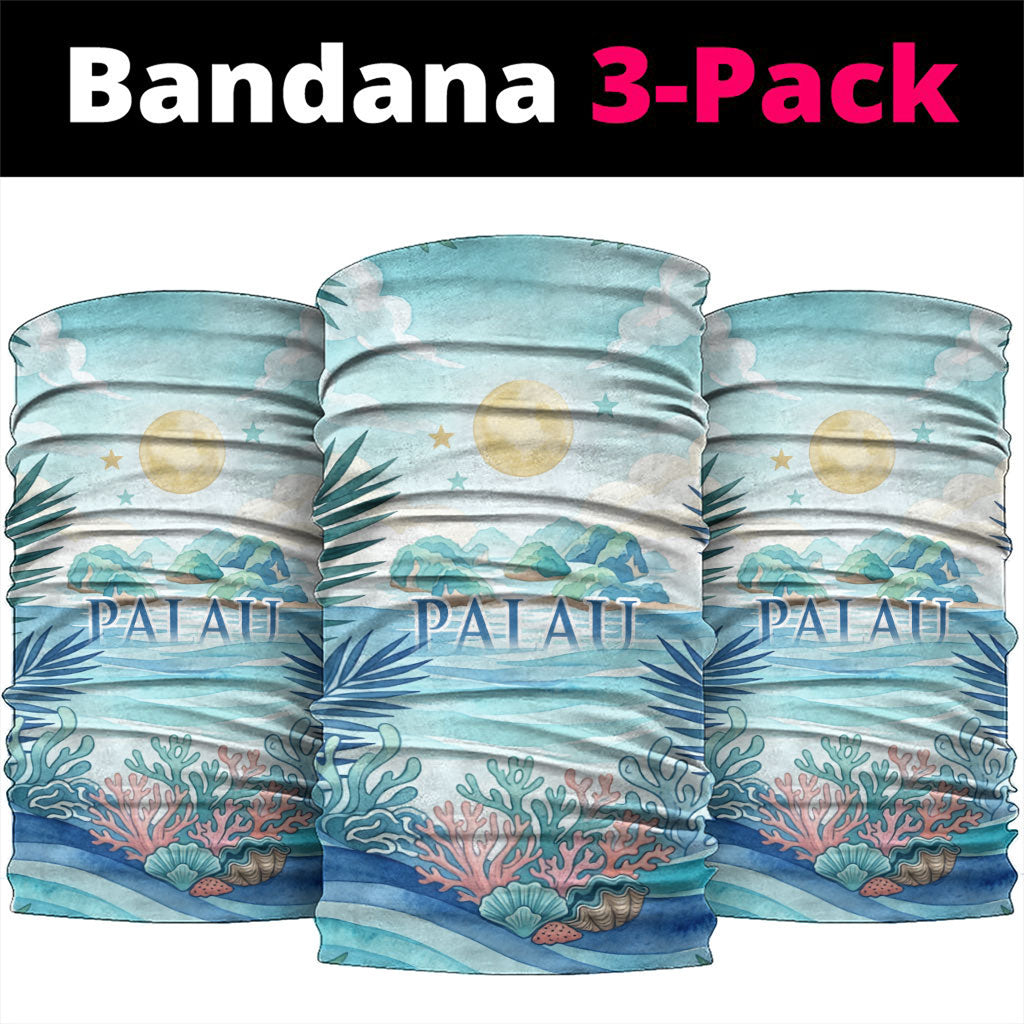 Palau Islands Of Wonder Natural Nature Neck Gaiter Watercolor Tropical Beach Waterfall Coral Reef Palm Leaves TS04 package One Size: 25*50cm Blue Green - Polynesian Pride
