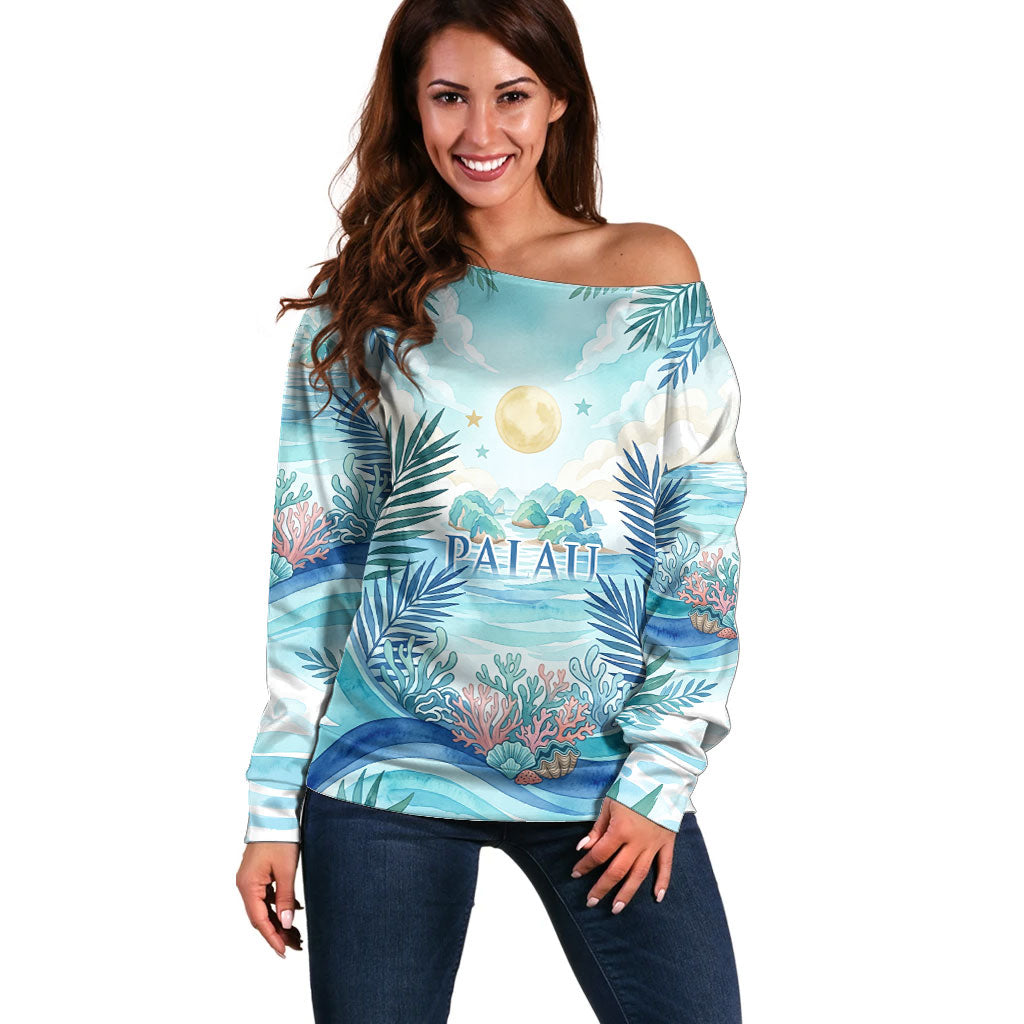 Palau Islands Of Wonder Natural Nature Off Shoulder Sweater Watercolor Tropical Beach Waterfall Coral Reef Palm Leaves