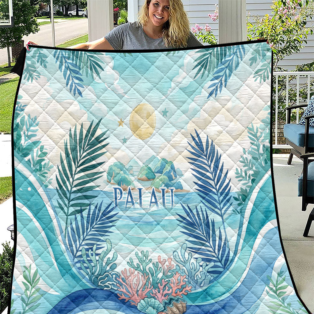 Palau Islands Of Wonder Natural Nature Quilt Watercolor Tropical Beach Waterfall Coral Reef Palm Leaves TS04 Blue Green - Polynesian Pride
