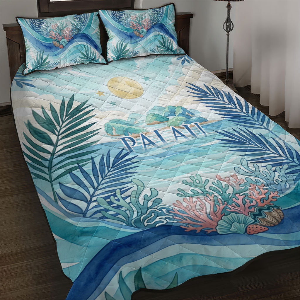 Palau Islands Of Wonder Natural Nature Quilt Bed Set Watercolor Tropical Beach Waterfall Coral Reef Palm Leaves TS04 Blue Green - Polynesian Pride