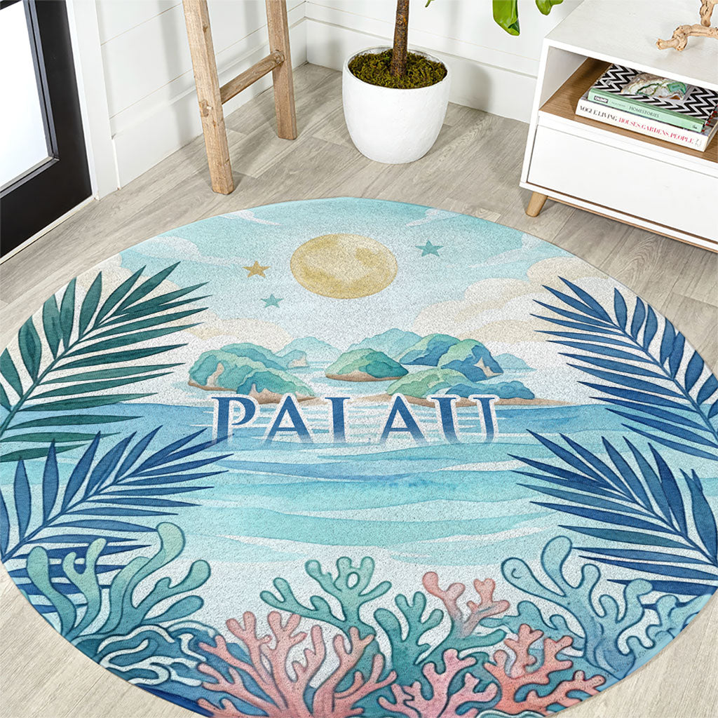 Palau Islands Of Wonder Natural Nature Round Carpet Watercolor Tropical Beach Waterfall Coral Reef Palm Leaves TS04 Blue Green - Polynesian Pride