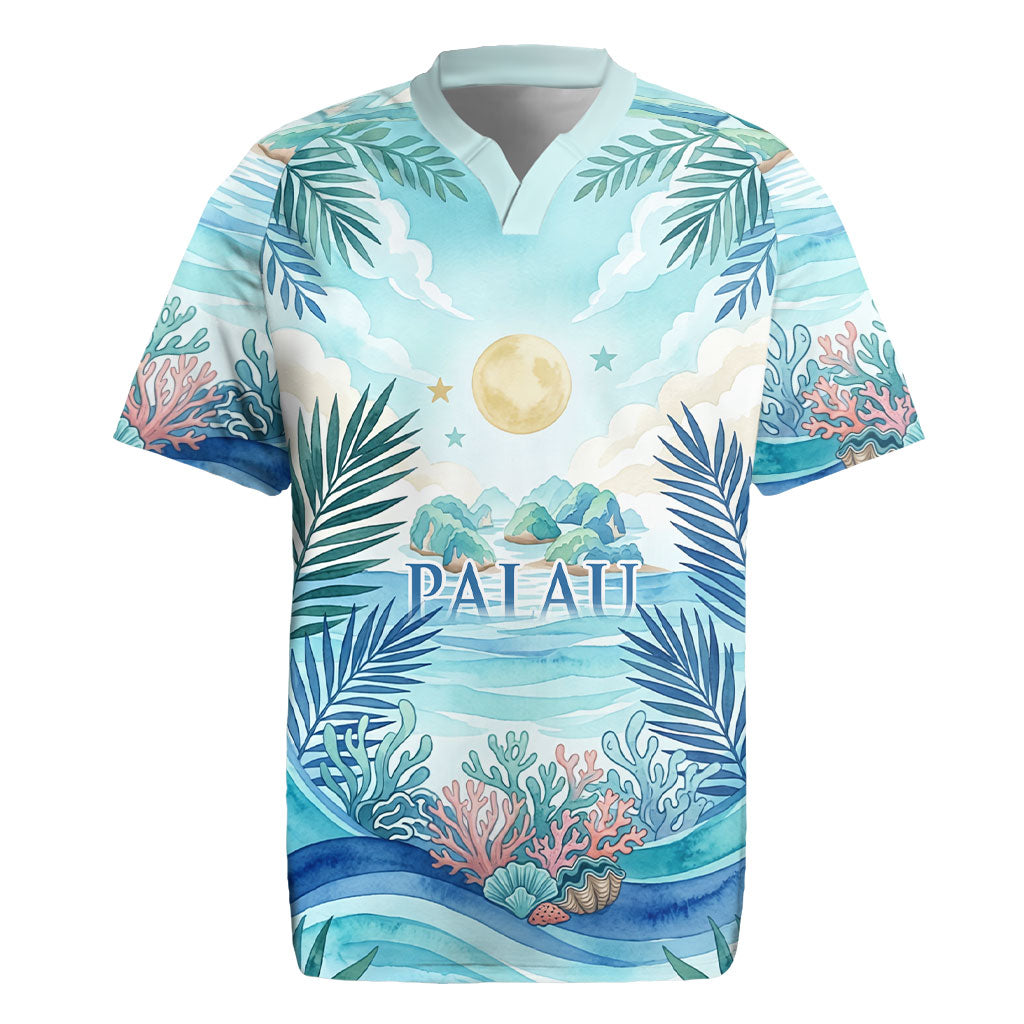 Palau Islands Of Wonder Natural Nature Rugby Jersey Watercolor Tropical Beach Waterfall Coral Reef Palm Leaves