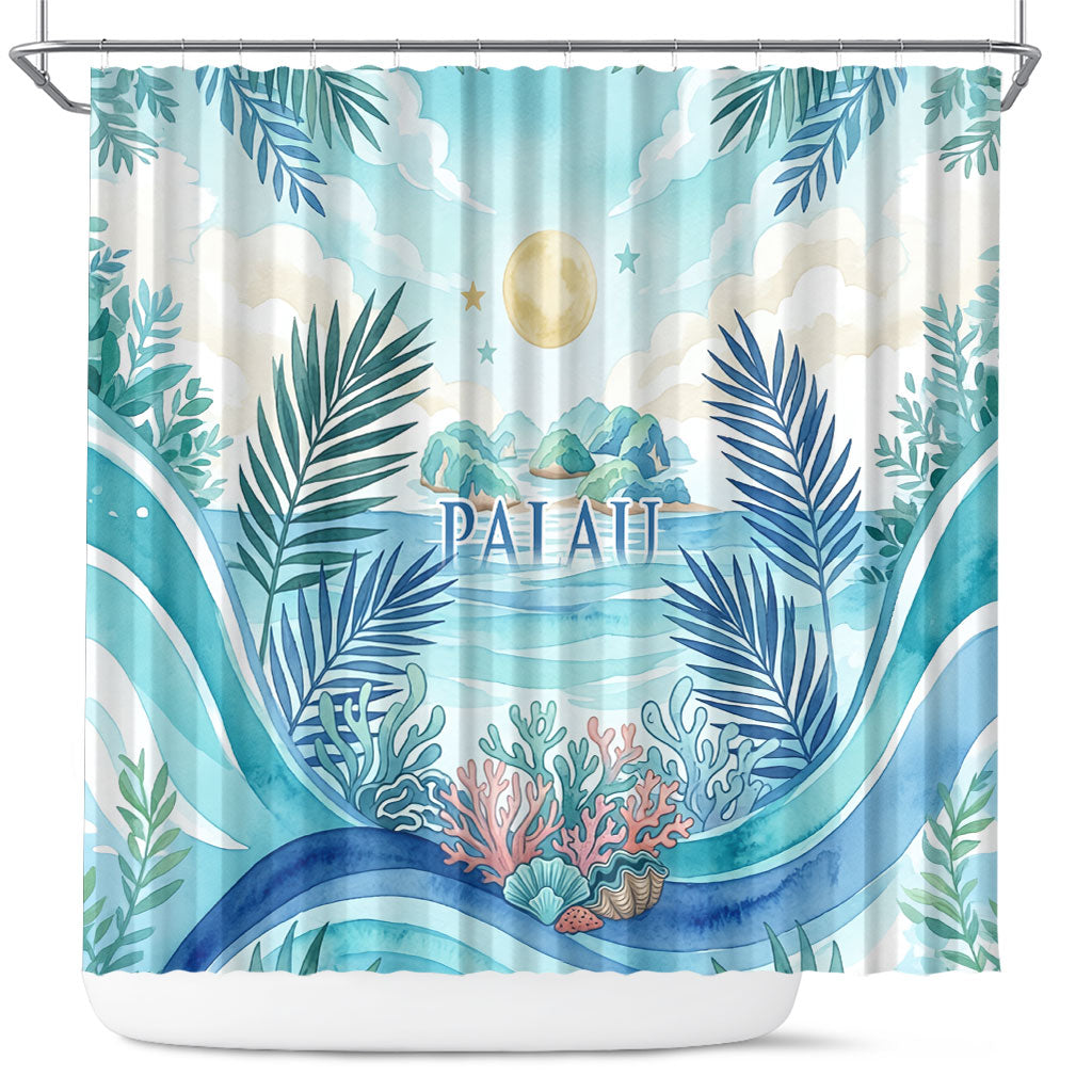 Palau Islands Of Wonder Natural Nature Shower Curtain Watercolor Tropical Beach Waterfall Coral Reef Palm Leaves