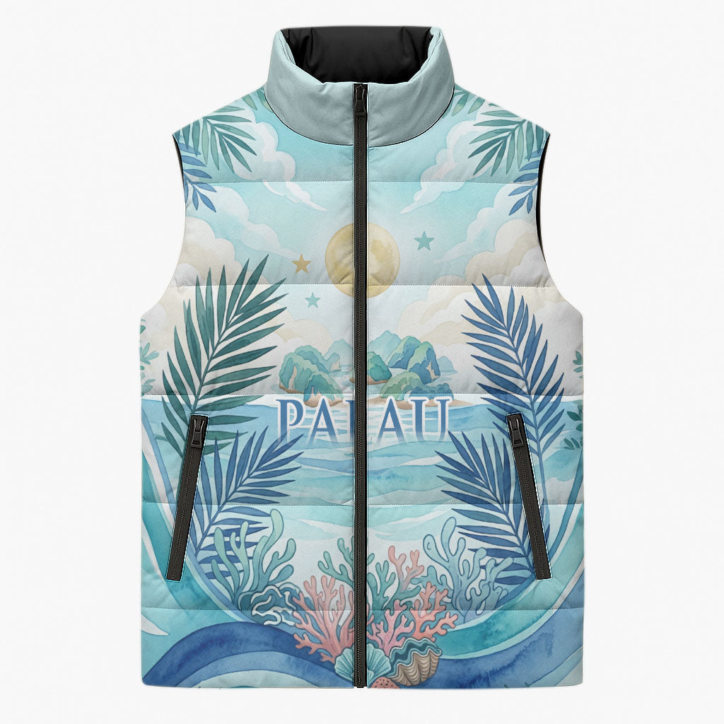 Palau Islands Of Wonder Natural Nature Sleeveless Puffer Jacket Watercolor Tropical Beach Waterfall Coral Reef Palm Leaves