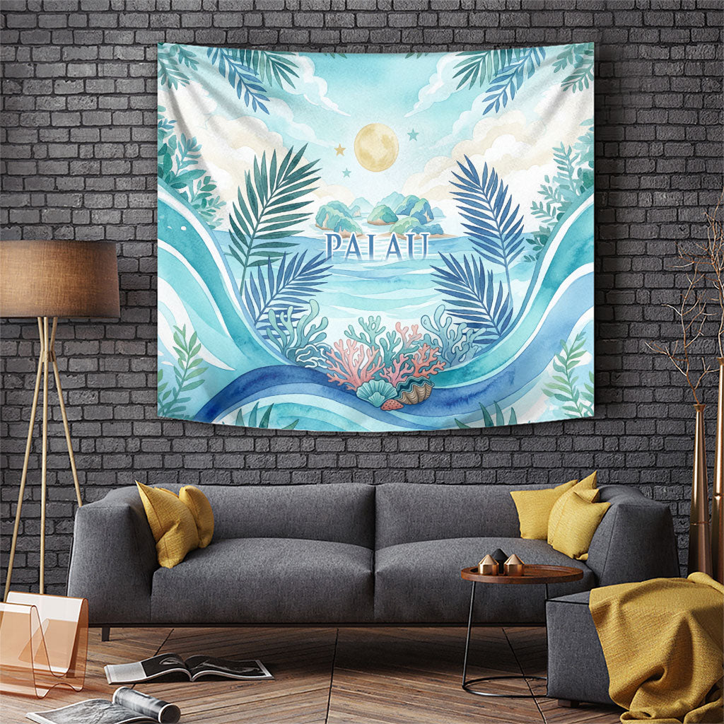 Palau Islands Of Wonder Natural Nature Tapestry Watercolor Tropical Beach Waterfall Coral Reef Palm Leaves