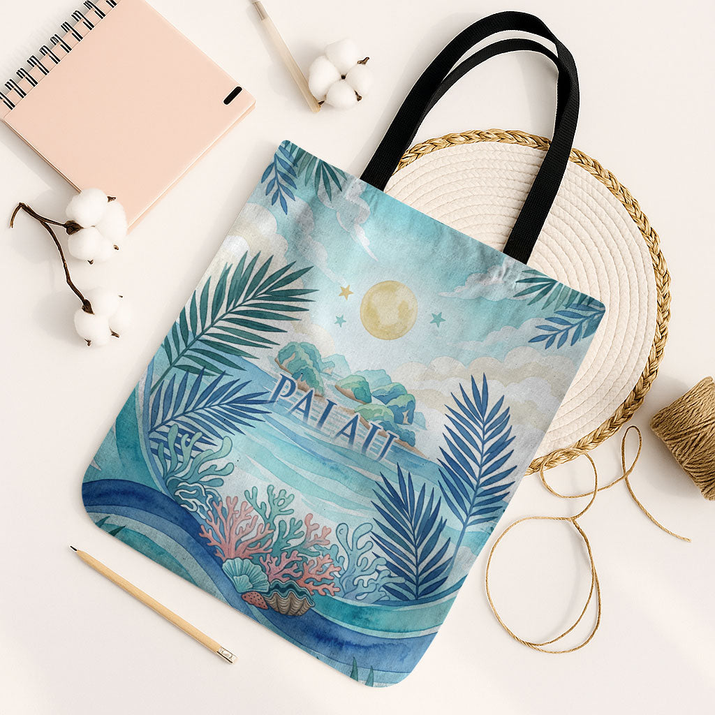Palau Islands Of Wonder Natural Nature Tote Bag Watercolor Tropical Beach Waterfall Coral Reef Palm Leaves TS04 Black Strap One Size Blue Green - Polynesian Pride