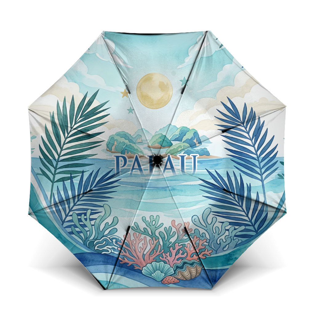 Palau Islands Of Wonder Natural Nature Umbrella Watercolor Tropical Beach Waterfall Coral Reef Palm Leaves TS04 One Size Folded 11.42 inch Opened Diameter 37.4 inch Blue Green - Polynesian Pride