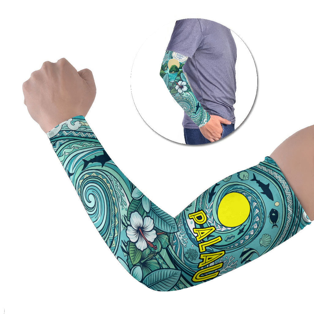 Palau Official Seal Flag Arm Sleeves Tribal Pattern Ocean Marine Life Tropical Hibiscus TS04 Set of 2 Blue Green - Polynesian Pride