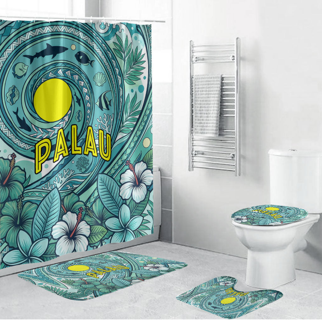 Palau Official Seal Flag Bathroom Set Tribal Pattern Ocean Marine Life Tropical Hibiscus