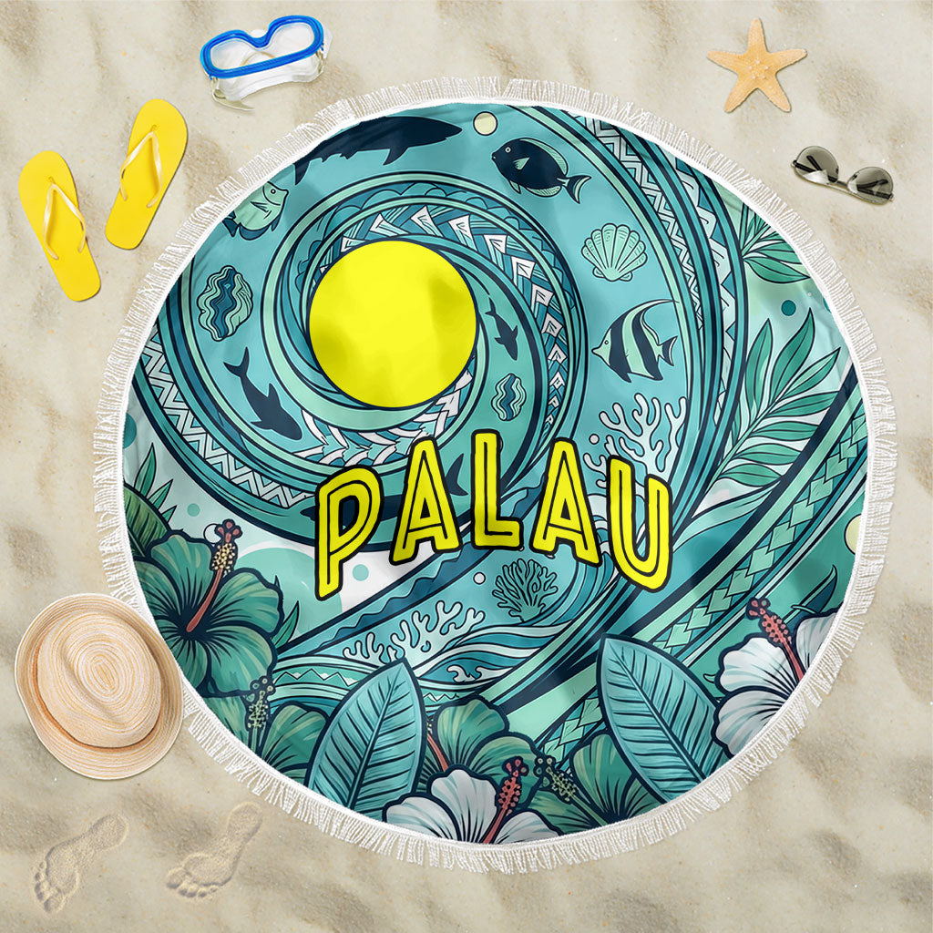 Palau Official Seal Flag Beach Blanket Tribal Pattern Ocean Marine Life Tropical Hibiscus TS04 One Size 150cm Blue Green - Polynesian Pride