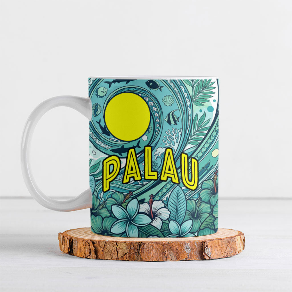 Palau Official Seal Flag Ceramic Mug Tribal Pattern Ocean Marine Life Tropical Hibiscus
