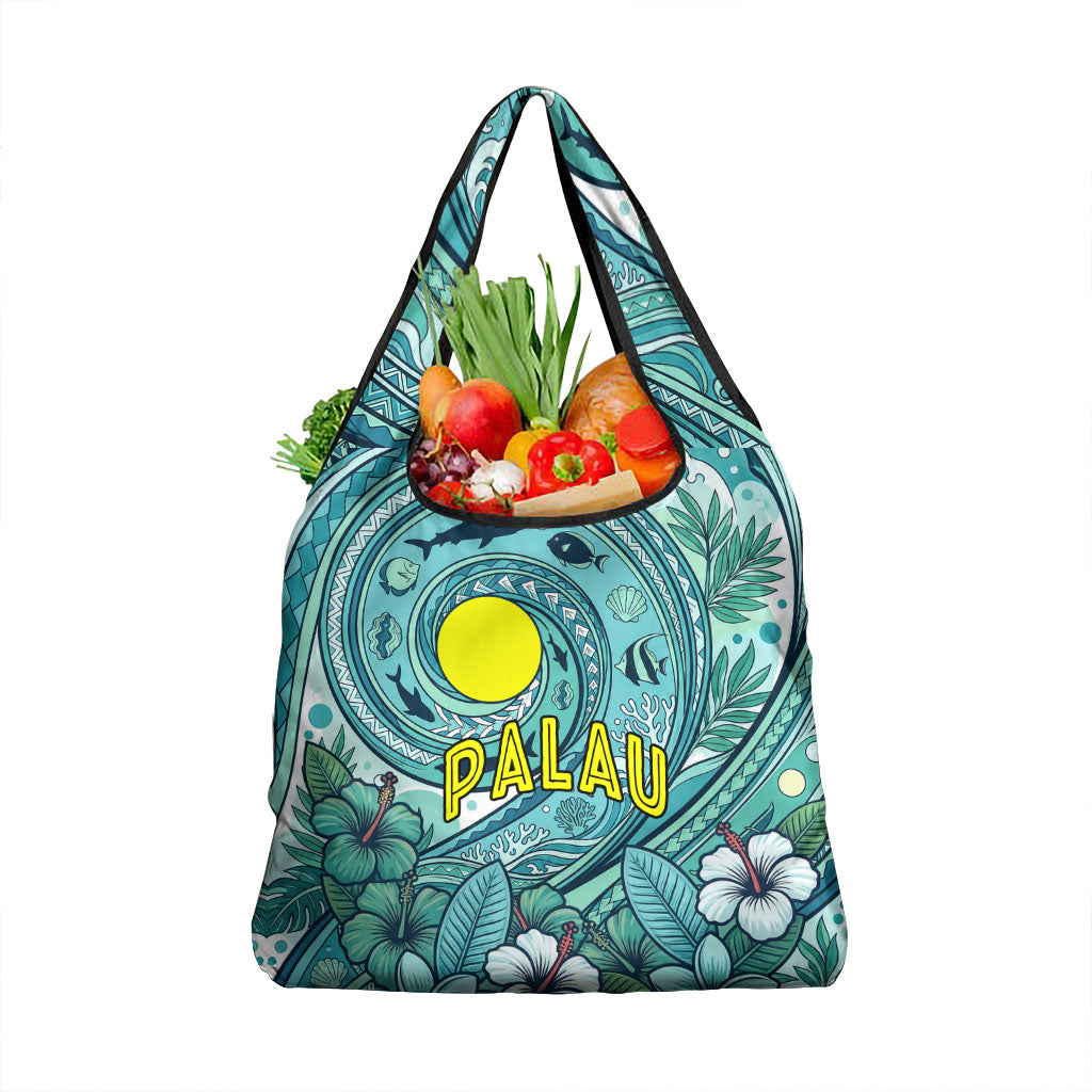 Palau Official Seal Flag Grocery Bag Tribal Pattern Ocean Marine Life Tropical Hibiscus TS04 1-pack One Size Blue Green - Polynesian Pride
