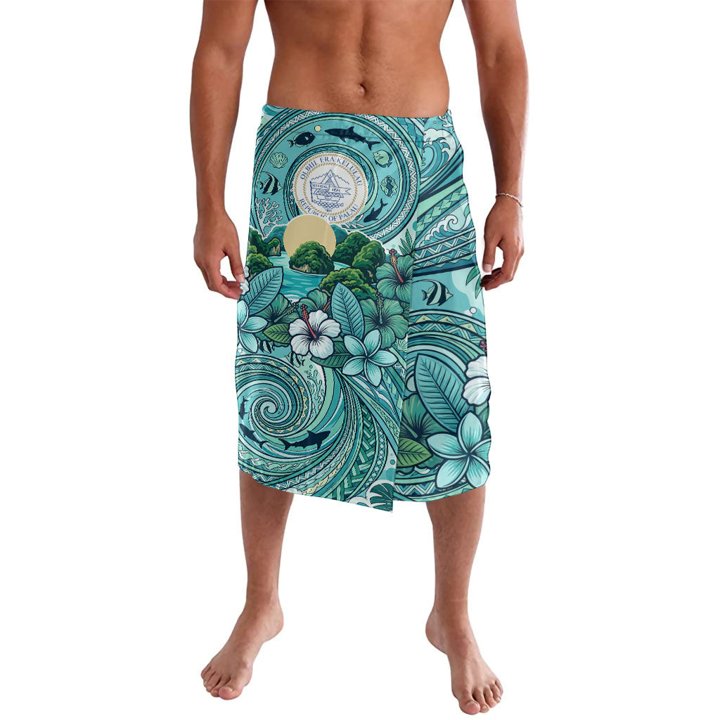 Palau Official Seal Flag Lavalava Tribal Pattern Ocean Marine Life Tropical Hibiscus TS04 Blue Green - Polynesian Pride