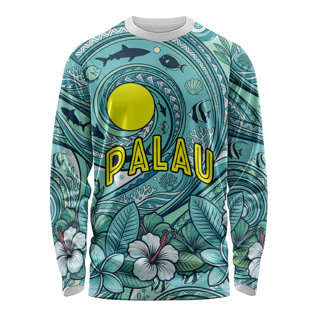 Palau Official Seal Flag Long Sleeve Shirt Tribal Pattern Ocean Marine Life Tropical Hibiscus