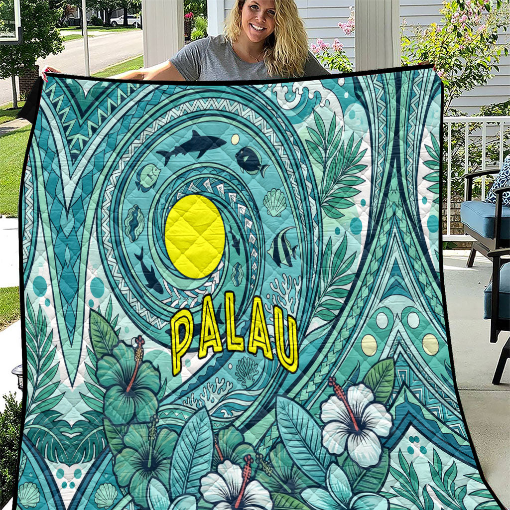 Palau Official Seal Flag Quilt Tribal Pattern Ocean Marine Life Tropical Hibiscus TS04 Blue Green - Polynesian Pride