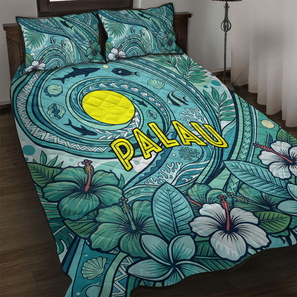 Palau Official Seal Flag Quilt Bed Set Tribal Pattern Ocean Marine Life Tropical Hibiscus TS04 Blue Green - Polynesian Pride