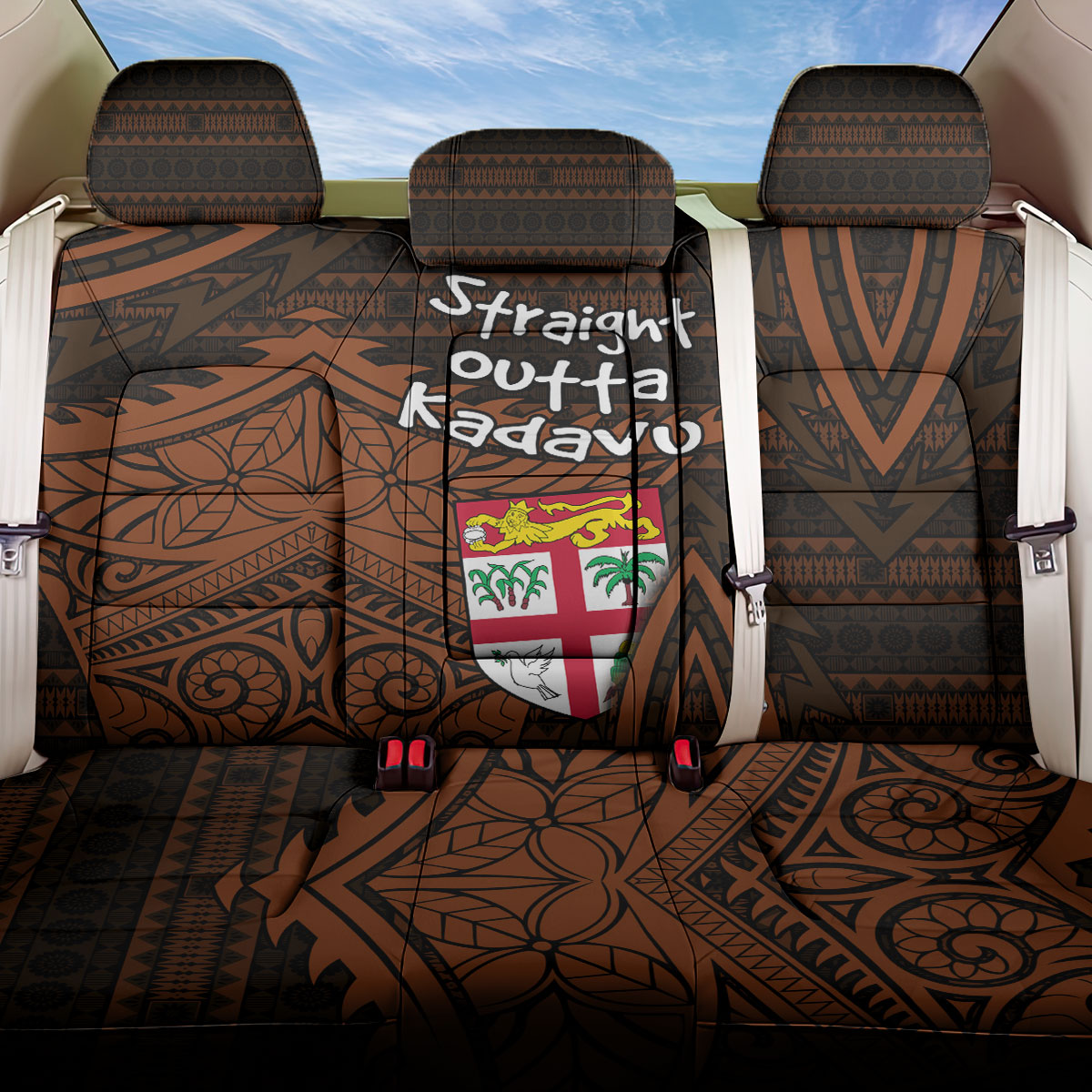 Straight Outta Kadavu Fiji Back Car Seat Cover Tribal Polynesian Tattoo Coat Of Arms Flag TS04 One Size Brown Black - Polynesian Pride
