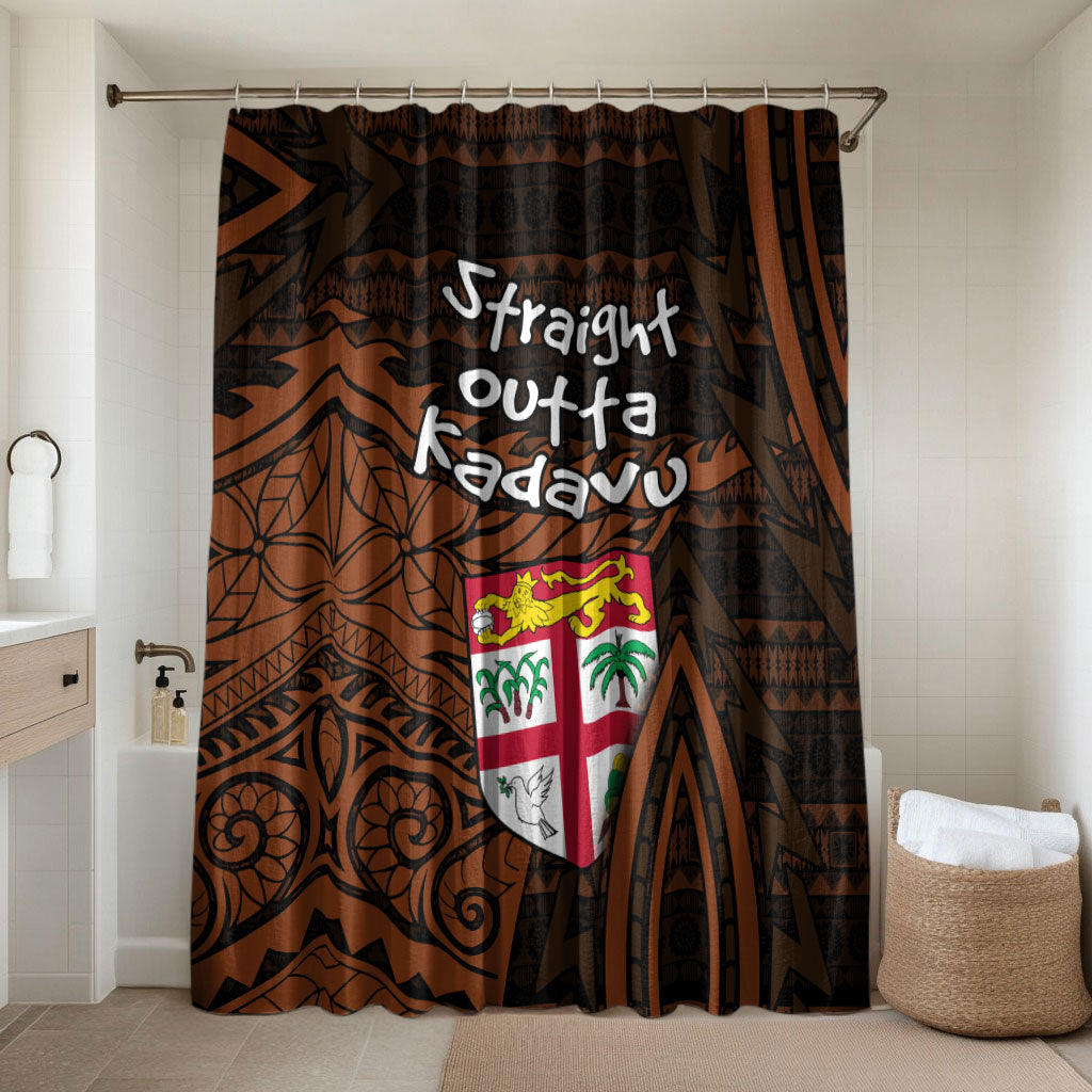 Straight Outta Kadavu Fiji Bathroom Set Tribal Polynesian Tattoo Coat Of Arms Flag TS04 Shower Curtain Only Brown Black - Polynesian Pride