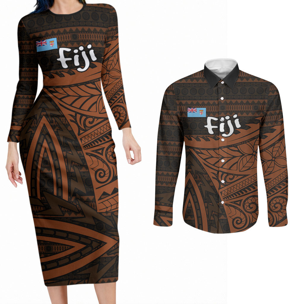 Straight Outta Kadavu Fiji Couples Matching Long Sleeve Bodycon Dress and Long Sleeve Button Shirt Tribal Polynesian Tattoo Coat Of Arms Flag TS04 Brown Black - Polynesian Pride