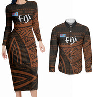 Straight Outta Kadavu Fiji Couples Matching Long Sleeve Bodycon Dress and Long Sleeve Button Shirt Tribal Polynesian Tattoo Coat Of Arms Flag TS04 Brown Black - Polynesian Pride