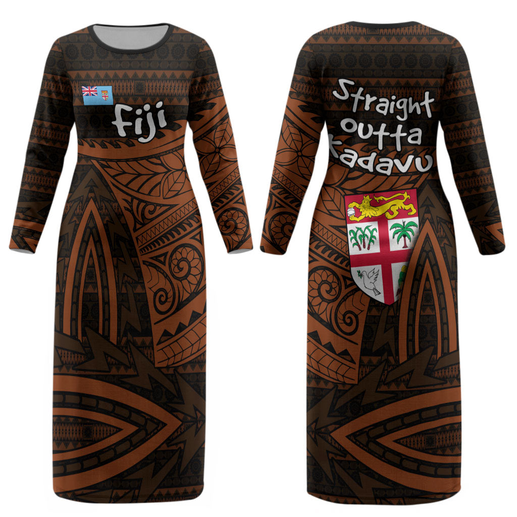 Straight Outta Kadavu Fiji Couples Matching Long Sleeve Bodycon Dress and Long Sleeve Button Shirt Tribal Polynesian Tattoo Coat Of Arms Flag TS04 - Polynesian Pride