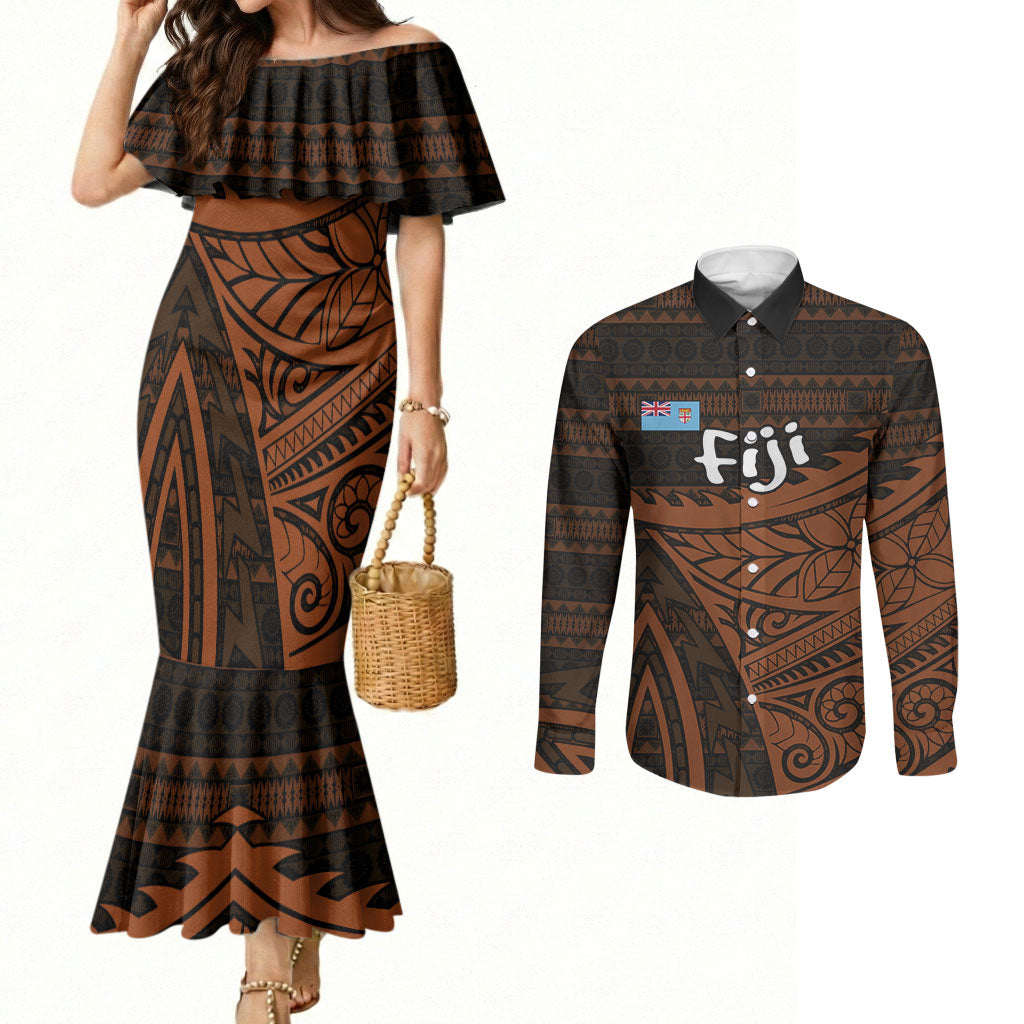 Straight Outta Kadavu Fiji Couples Matching Mermaid Dress and Long Sleeve Button Shirt Tribal Polynesian Tattoo Coat Of Arms Flag TS04 Brown Black - Polynesian Pride