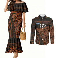 Straight Outta Kadavu Fiji Couples Matching Mermaid Dress and Long Sleeve Button Shirt Tribal Polynesian Tattoo Coat Of Arms Flag TS04 Brown Black - Polynesian Pride