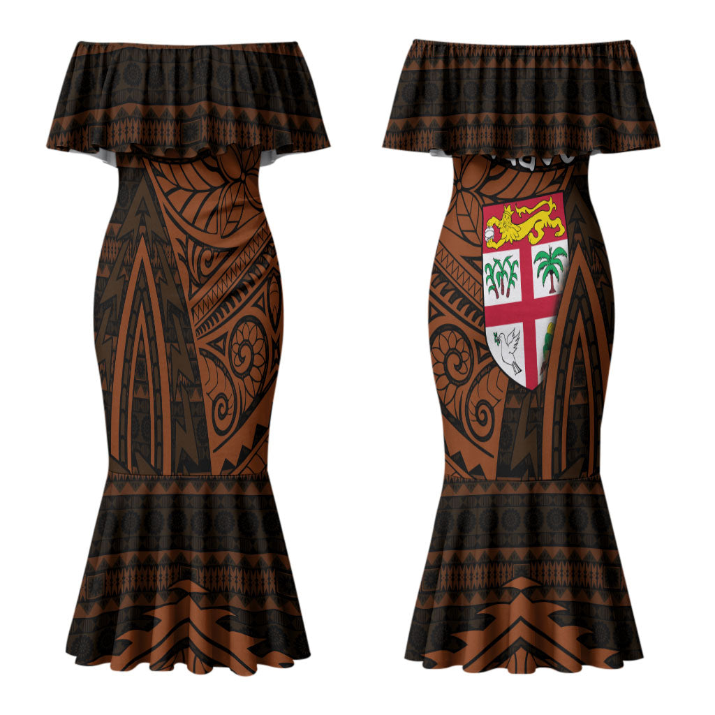 Straight Outta Kadavu Fiji Couples Matching Mermaid Dress and Long Sleeve Button Shirt Tribal Polynesian Tattoo Coat Of Arms Flag TS04 - Polynesian Pride
