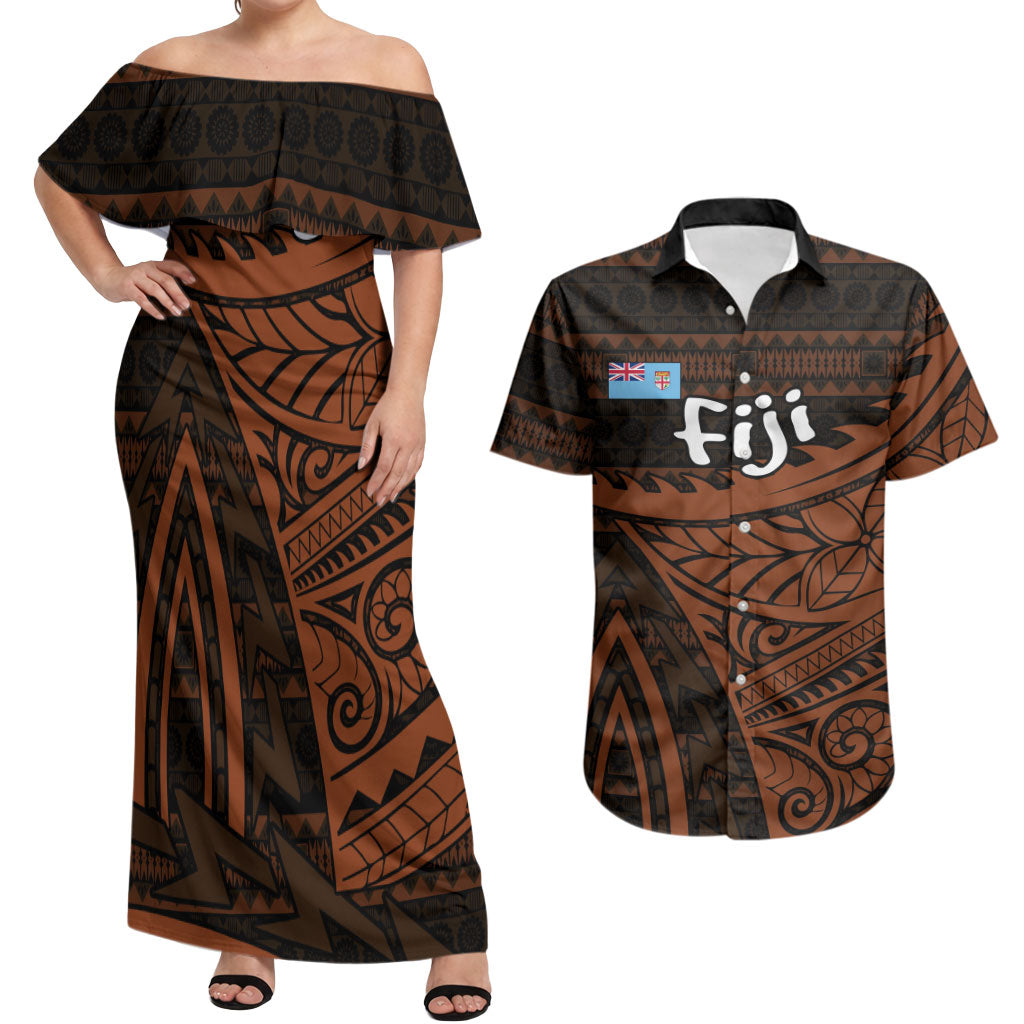 Straight Outta Kadavu Fiji Couples Matching Off Shoulder Maxi Dress and Hawaiian Shirt Tribal Polynesian Tattoo Coat Of Arms Flag TS04 Brown Black - Polynesian Pride