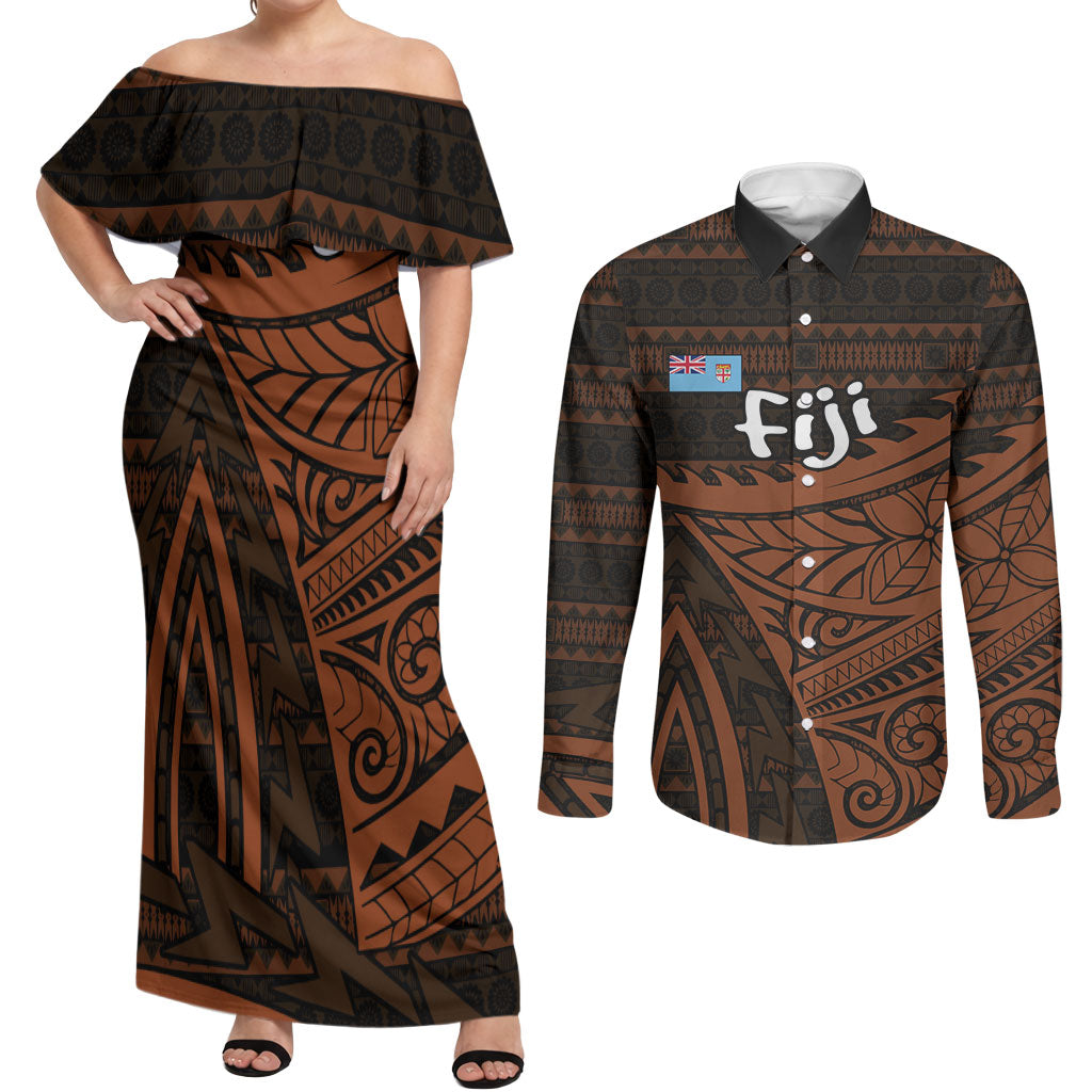 Straight Outta Kadavu Fiji Couples Matching Off Shoulder Maxi Dress and Long Sleeve Button Shirt Tribal Polynesian Tattoo Coat Of Arms Flag TS04 Brown Black - Polynesian Pride