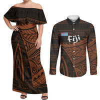 Straight Outta Kadavu Fiji Couples Matching Off Shoulder Maxi Dress and Long Sleeve Button Shirt Tribal Polynesian Tattoo Coat Of Arms Flag TS04 Brown Black - Polynesian Pride