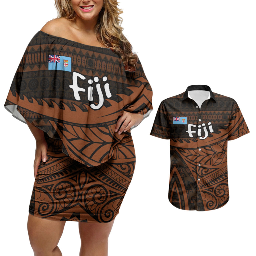 Straight Outta Kadavu Fiji Couples Matching Off Shoulder Short Dress and Hawaiian Shirt Tribal Polynesian Tattoo Coat Of Arms Flag TS04 Brown Black - Polynesian Pride
