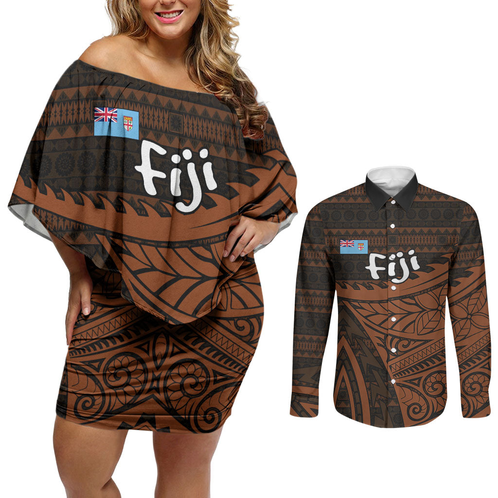 Straight Outta Kadavu Fiji Couples Matching Off Shoulder Short Dress and Long Sleeve Button Shirt Tribal Polynesian Tattoo Coat Of Arms Flag TS04 Brown Black - Polynesian Pride