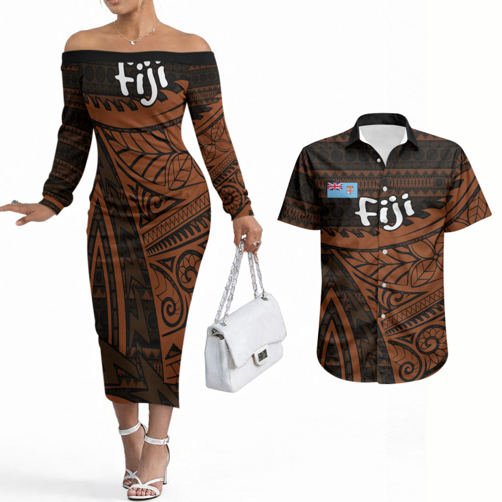 Straight Outta Kadavu Fiji Couples Matching Off The Shoulder Long Sleeve Dress and Hawaiian Shirt Tribal Polynesian Tattoo Coat Of Arms Flag TS04 Brown Black - Polynesian Pride