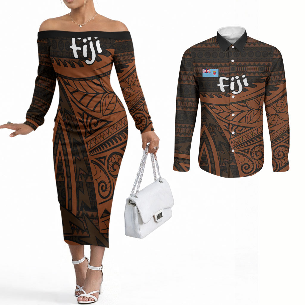 Straight Outta Kadavu Fiji Couples Matching Off The Shoulder Long Sleeve Dress and Long Sleeve Button Shirt Tribal Polynesian Tattoo Coat Of Arms Flag TS04 Brown Black - Polynesian Pride