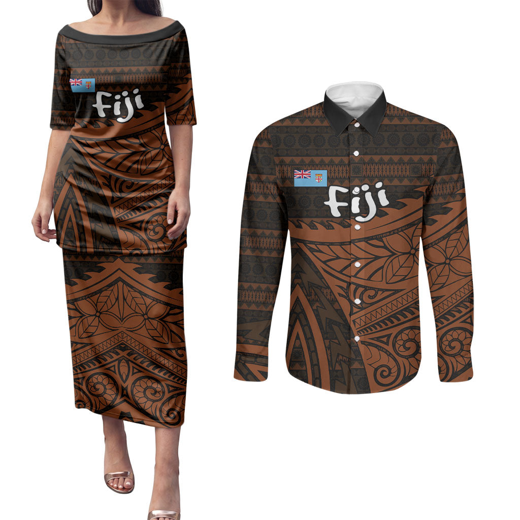 Straight Outta Kadavu Fiji Couples Matching Puletasi and Long Sleeve Button Shirt Tribal Polynesian Tattoo Coat Of Arms Flag TS04 Brown Black - Polynesian Pride