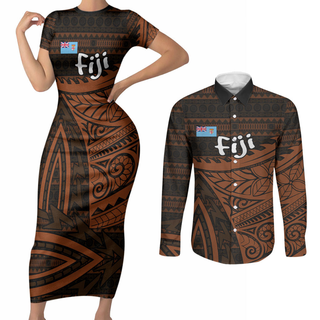 Straight Outta Kadavu Fiji Couples Matching Short Sleeve Bodycon Dress and Long Sleeve Button Shirt Tribal Polynesian Tattoo Coat Of Arms Flag TS04 Brown Black - Polynesian Pride