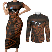 Straight Outta Kadavu Fiji Couples Matching Short Sleeve Bodycon Dress and Long Sleeve Button Shirt Tribal Polynesian Tattoo Coat Of Arms Flag TS04 Brown Black - Polynesian Pride