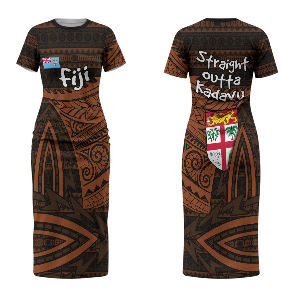 Straight Outta Kadavu Fiji Couples Matching Short Sleeve Bodycon Dress and Long Sleeve Button Shirt Tribal Polynesian Tattoo Coat Of Arms Flag TS04 - Polynesian Pride